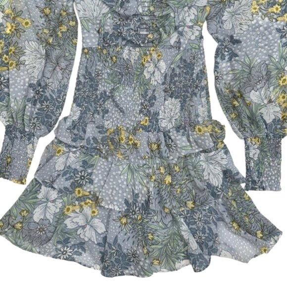 ASTR The Label Marietta Mini Dress Sky Blue Floral Ruffle Long Sleeve smocked XS - Picture 4 of 12